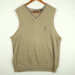 Vintage Mens Sweater Vest Large Beige Blue V Neck Logo Preppy Stretch Outdoor